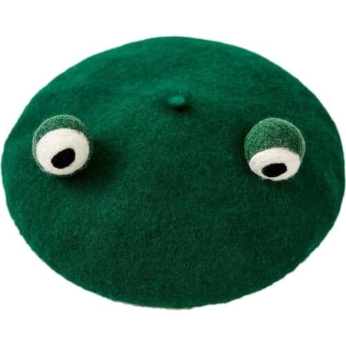 Women Cute Green Frog Eyes Beret Cap Winter Warm Faux Wool Kawaii Vintage Artist Painter Beanie Hat Cosplay Headwear Gifts