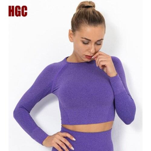 HGC Seamless Sport Top Women Long Sleeve Knitting Elastic Yoga Shirt Athletic Active Running Fitness Gym Sexy Workout Pullover