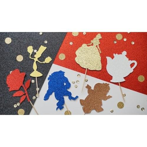 Glitter Beauty and the Beast wedding Christening birthday cupcake toppers baby shower party decoration doughnut food toothpicks