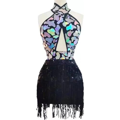 Sparkly Blacl Gold Rhinestone Fringe Transparent Dress Women Dancer Show Celebrate Outfit Prom Bar Birthday Outfit