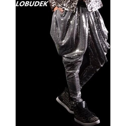 New Mens Loose Long Pants Silver Gray Sequins Harem Pants Tide Male Rock Singer HIP HOP Dance Costume DJ Performance Trousers