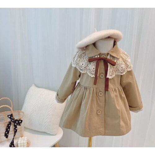 Children Mid-length paragraphBow Trench Coat Girls' Fashion Lace Spring Autumn Baby Kids Casual Overcoats Clothes
