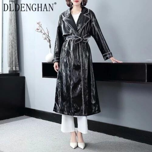 DLDENGHAN Autumn Winter Black Trench Women Turn-down Collar Long Sleeve White Striped Patchwork Overcoat Outwear