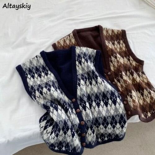Cardigan Women Argyle Retro Casual Sleeveless Korean Style Trendy Single Breasted Knitwear Vintage College Simple Ins Streetwear
