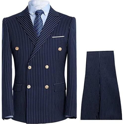 Spring/Autumn Navy Checked Mens Suits Slim Fit For Wedding Double Breasted Jacket With Pants 2 Pieces Set Blazers Groom Tuxedos