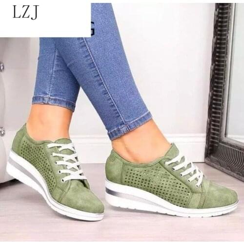 Women Wedge Shoes Summer Autumn Casual Canvas Sneakers Breathable Platform Sneakers Meddle Heel Pointed Toe Air Mesh Shoe