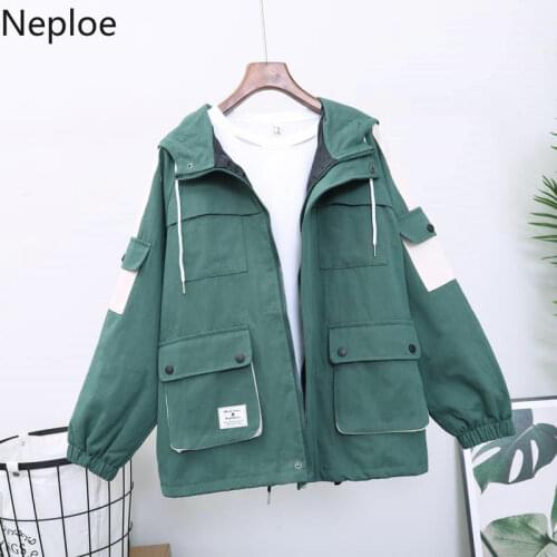 Neploe Contrast Color Hooded Cargo Jacket 2021 Autumn New Zipper Coat Women Long Sleeve Safari Style Jackets Outerwear 56003