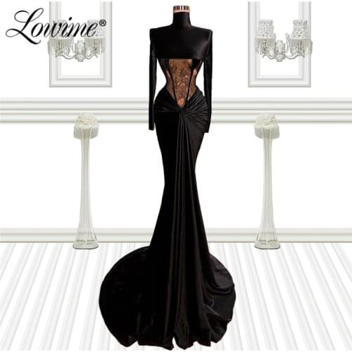 Lowime Illusion Black Lace Evening Dresses Mermaid Celebrity Dresses 2021 Couture Velvet Formal Wedding Party Dress Middle East