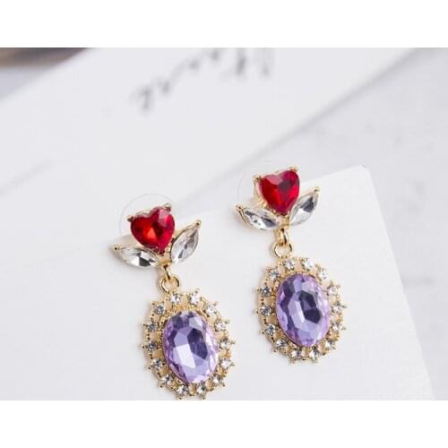 New Korean Baroque Style Red Rhinestone Love Heart Leaf Drop Earrings Luxury Purple Crystal Pendientes For Women Party Jewelry