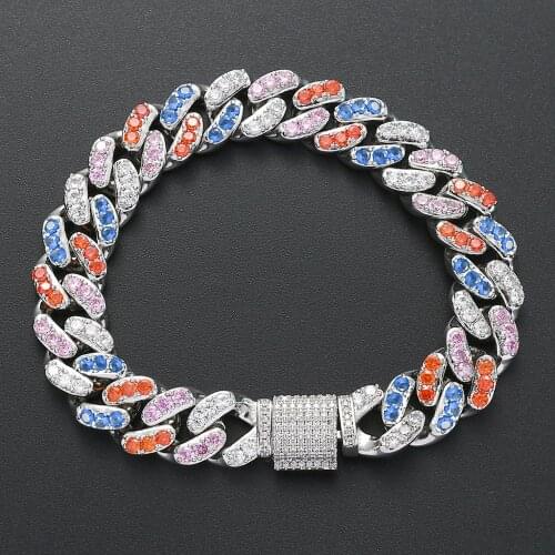 New hip hop jewelry copper 12mm micro inlaid sea blue pink white multicolor zircon Cuban chain trend bracelet