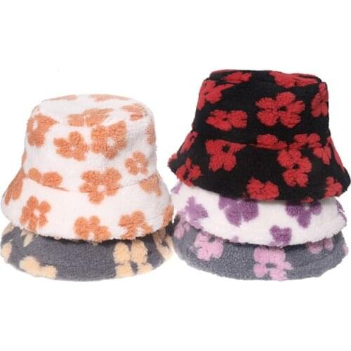 Flower Autumn Winter Lamb Hair Hat Plush Hat Outdoor Trend Fisherman Cap for Women Casual Winter Warm Fluffy Bucket Hats
