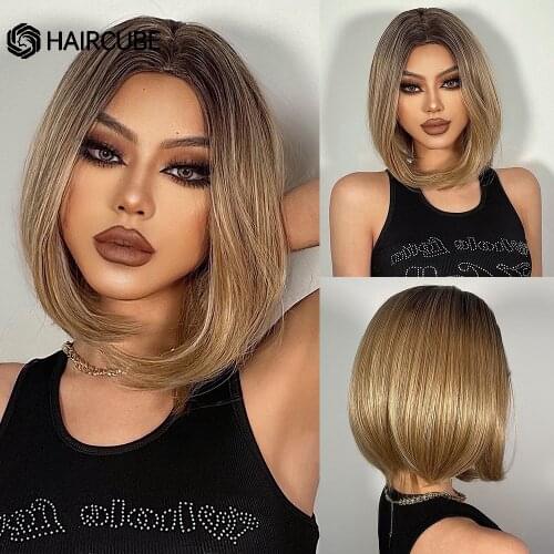 Short Straight Bob Wigs for Women Black to Brown Ombre Synthetic Hair Wigs Side Part Heat Resistant Fiber Glueless Wigs