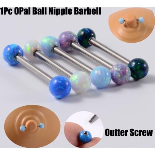 1PcOpal Barbell Tongue Ring 2size 14mm 16mm Tongue Piercing Nipple Ring Stainless Steel Helix Piercing Earring 14G Body Jewelry
