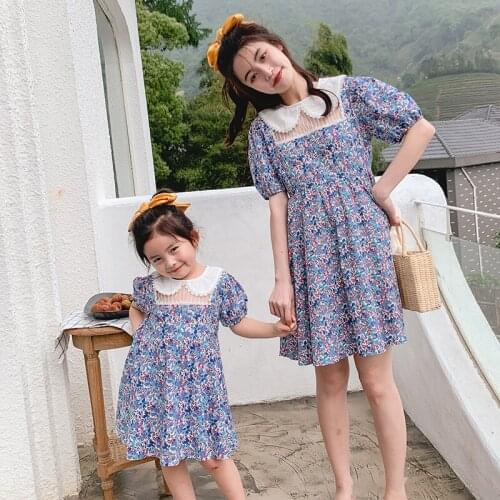 Korean Style Mother Daughter Princess Floral Dress Lace Collar Mommy and Me Clothes Family Look Fashion Outfits Mum Baby Dress