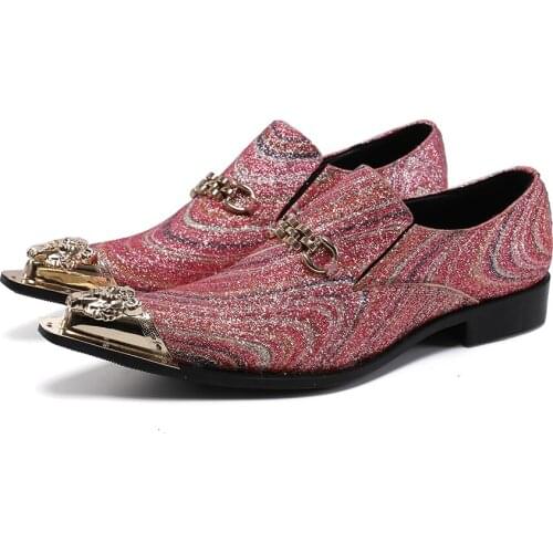 Sequins Stripes Party Leather Shoes for Men Casual Business Man Large Size Metal Toe Flats Shoes Mens Wedding Dress Shoes