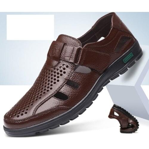 Summer Genuine Leather Mens Sandals Breathable Hollow Out Classic Mens Flat Sandals Solid Rubber Leather Male Casual Sandals