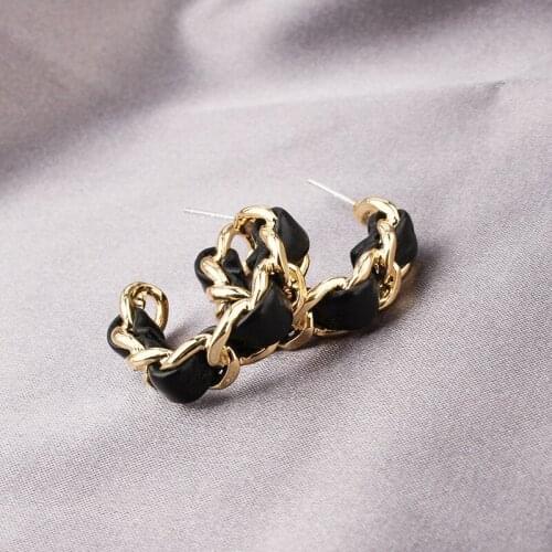 Unusual Huggie Knotted Chunky Chain Black Leather Earrings for Women Gold Color Alloy Link Open Hoop Earrings Party Jewellery