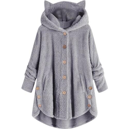 Women Jacket Side Buckle Fluffy Hem Coat Hooded Loose Warm Pullover Sweater Cute Ear Hooded Girls Coat