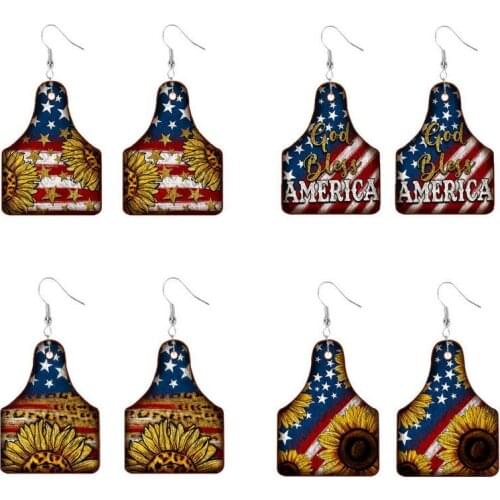 Mixed Sunflower American Flag Print Cow Ear Tag Drop Earrings for Women Fashion Retro Style Patriotic Independence Day Jewelry