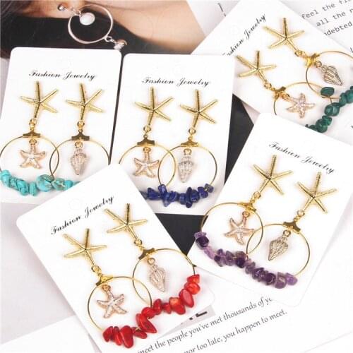 Boho Beach Starfish Charm Earrings Seaside Metal Circle Conch Shell Earring Natural Stone Chip Statement Earrings Ladies Jewelry