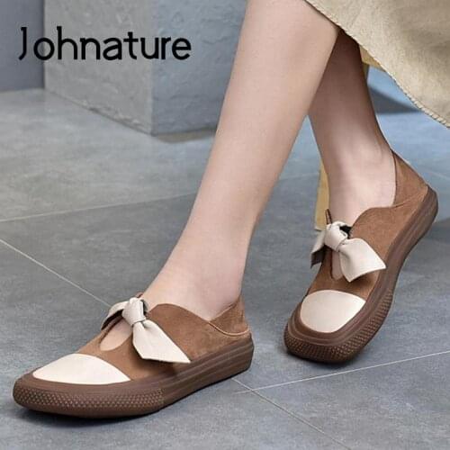 Johnature Pumps Women Shoes Retro Genuine Leather 2021 New Spring/Autumn Square Toe Butterfly-knot Handmade Concise Ladies Shoes
