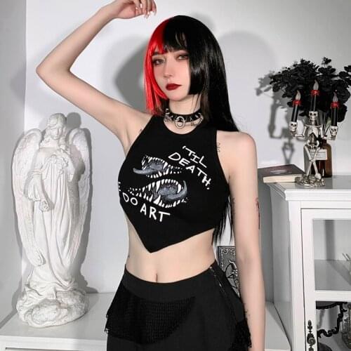 Women Goth Grunge Round Neck Basic Tank Tops Harajuku Letter Print Tanks Punk Bodycon Sleeveless Summer Cropped Tops