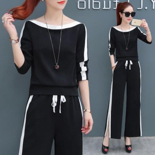 2019 Spring Fashion Sporting Suit Sets Womens Casual Loose Sportswear 2 Piece Sets Female Slim Tops & Split Wide Leg Pants Suit