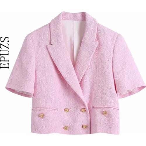 Sweet Double Breasted Pink Short Blazer women Tweed blazer Vintage short sleeve crop top Outerwear Chic Tops