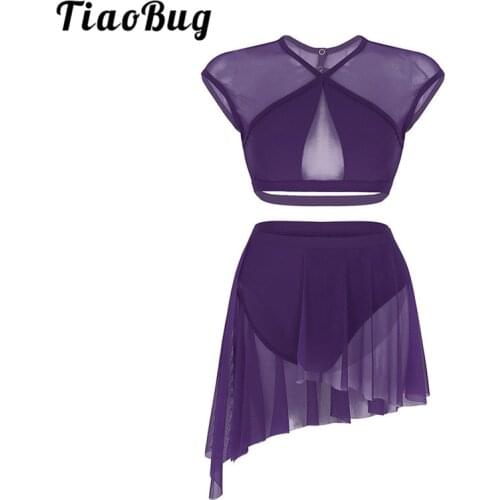 TiaoBug Women Asymmetrical Ballet Tutu Dance Wear Adult Splice Crop Top with Ballerina Skirt Contemporary Lyrical Dance Costumes