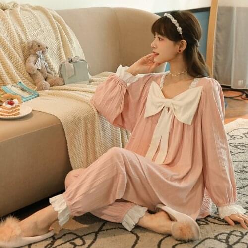 Winter Women Cute Pink Lolita Princess Pajamas Set Girl Sweet Vintage Bow Square Collar Sleepwear Cotton Long Sleeve Pajamas Set