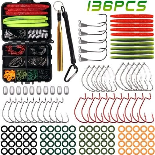 136Pcs/Box Wacky Rig Tool Kit With Wacky O-Rings Weedless Hooks Tube Jig Head Hook Soft Lures Sinker Weight Fishing Accessories