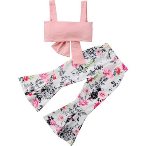 2018 Casual Kids Baby Girl Strap Sleeveless Bowknot Tops+ Floral Pants 2Pcs Set Outfits Clothes 1-6Years
