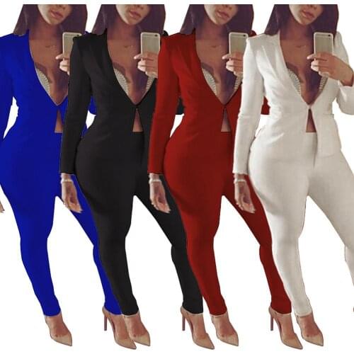 2Pcs/Set Fashion Office Lady Deep V Neck Solid Color Long Sleeve Lapel Blazer Suit Pants Sexy Lady Jacket Pant Suits