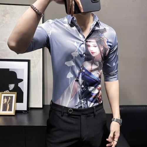 2021 Summer New Mens Shirts Clothing Tops Mid-Sleeve Beauty Print Korean Style Casual Slim Fit Handsome Shirt For Men
