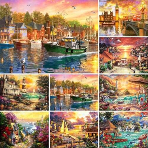 5D Diamond Painting Sunset Landscape Diamond Embroidery Seaside Full Drill Mosaic Rhinestone Picture House Home Decor