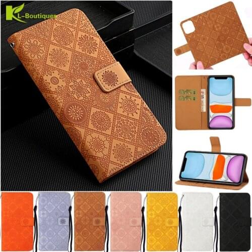 Folk Custom Embossed Case for on iPhone 12 11 Pro Mini XR X XS Max SE 2020 Leather Covers iPhone 7 8 6 6s Plus Flip Phone Cases
