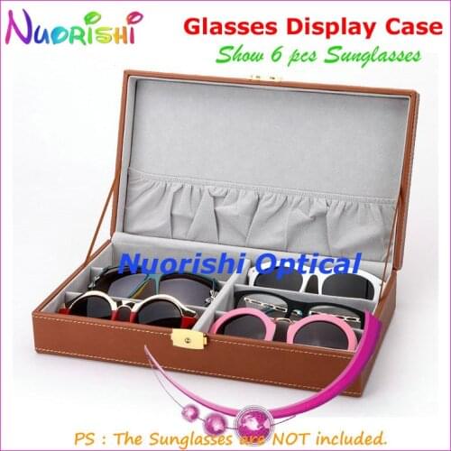 Holding 6pcs Eyewear Sunglasses Eyeglass Glasses Handcraft Black Brown Leather Storage Display Sample Case A639-6S Free Shipping
