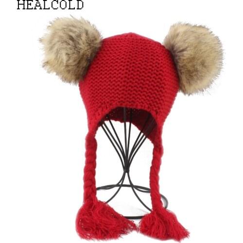 Kids Fur Pom pom Beanie Hats For Girls Boys Wool Knitted Beanies Cap Double Fur Pompoms skullies Beanies