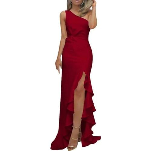 Goocheer New Women Vestidos Sleeveless High Waist Slim Bandage Bodycon Evening Party Club Split Solid Ruffles Long Dresses