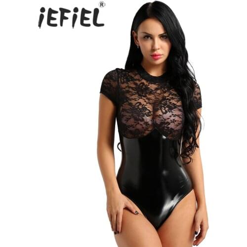 IEFiEL Womens Wetlook Latex Bodystocking Babydoll Clubwear Lace Splice See-through High Cut Zipper Lingerie Bodycon Bodysuit