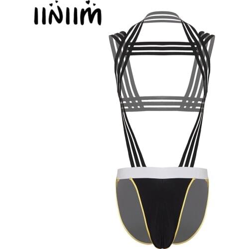 Iiniim Mens Body Shoulder Chest Harness Belt Strappy Bodysuit Underwear Thong Briefs for Lingerie Night Club Romper Costumes
