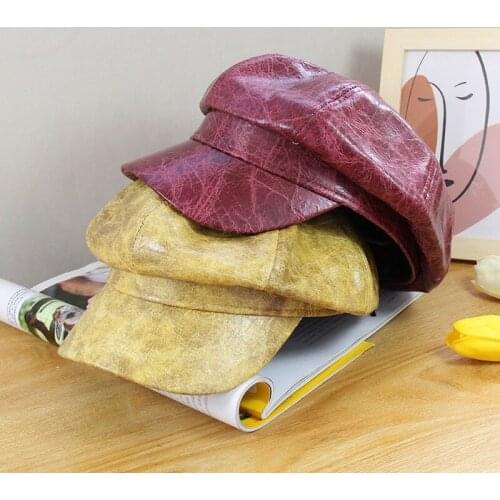 New Fashion Hat Lady Autumn Winter New Pattern PU Leather Star Anise Cap Japanese Style Art Beret Visors