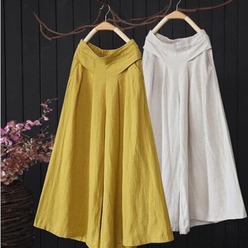 Summer High-End Womens Trousers Large Size Solid Color Cotton Linen Oversized Wide-Leg Culottes Female Loose Cropped Trousers