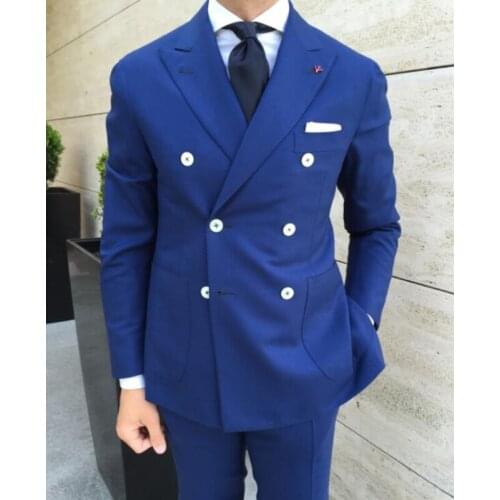 Double Breasted Men Suits Slim fit 2 Piece Groom Tuxedo for Wedding Royal Blue Male Fashion Costume with Peaked Lapel Jacket
