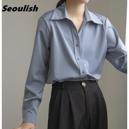 Seoulish 2021 New Spring Autumn Stain OL Style Formal Womens Blouse Turn-down Long Sleeve Shirts Female Workwear Elegant Tops