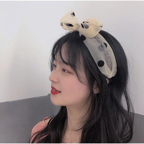 The New Hair Accessories Thick Organza Flocking Big Polka Dot Top Knot Bow Knot Diamond Headband Hairpin