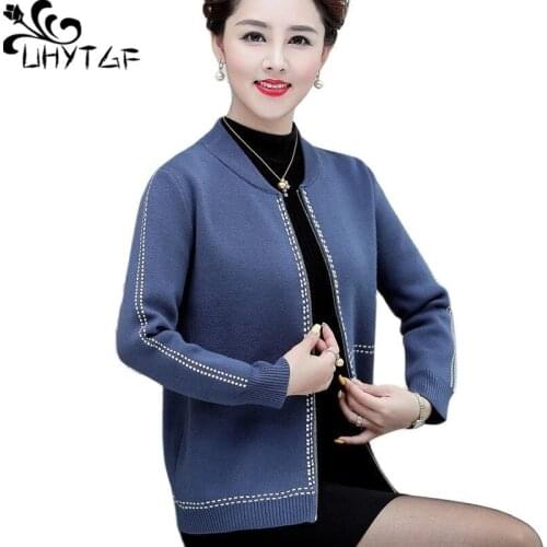 UHYTGF New Mother Autumn Jacket Fashion Knitted Cardigan Women Short Coat Middle-Aged Elderly Thin 4XL Plus Size Outerwear 1802