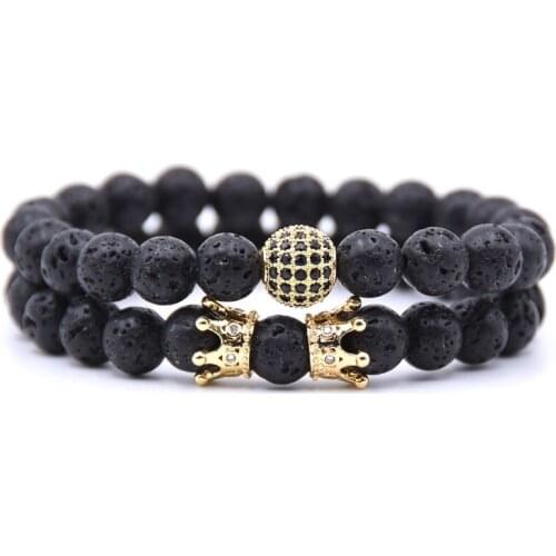 New Fashion Couple Bracelet 2 piece Sets Men Jewelry 8mm Natural Lava Stone Micro-inlay Zircon Crown Charm Bracelets For Women