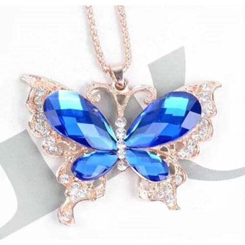 Korean Women Butterfly Rhinestones Crystal Pendant Necklaces Big Flower Necklace Jewelry Clothing Accessories Sweater Chain
