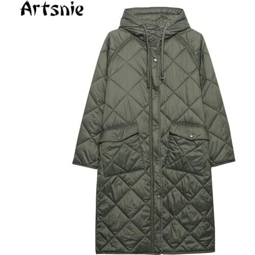 Artsnie Winter 2020 Warm Argyle Parkas Women Hooded Long Sleeve Green Oversized Coats Single Breasted Pockets Parkas Chaqueta